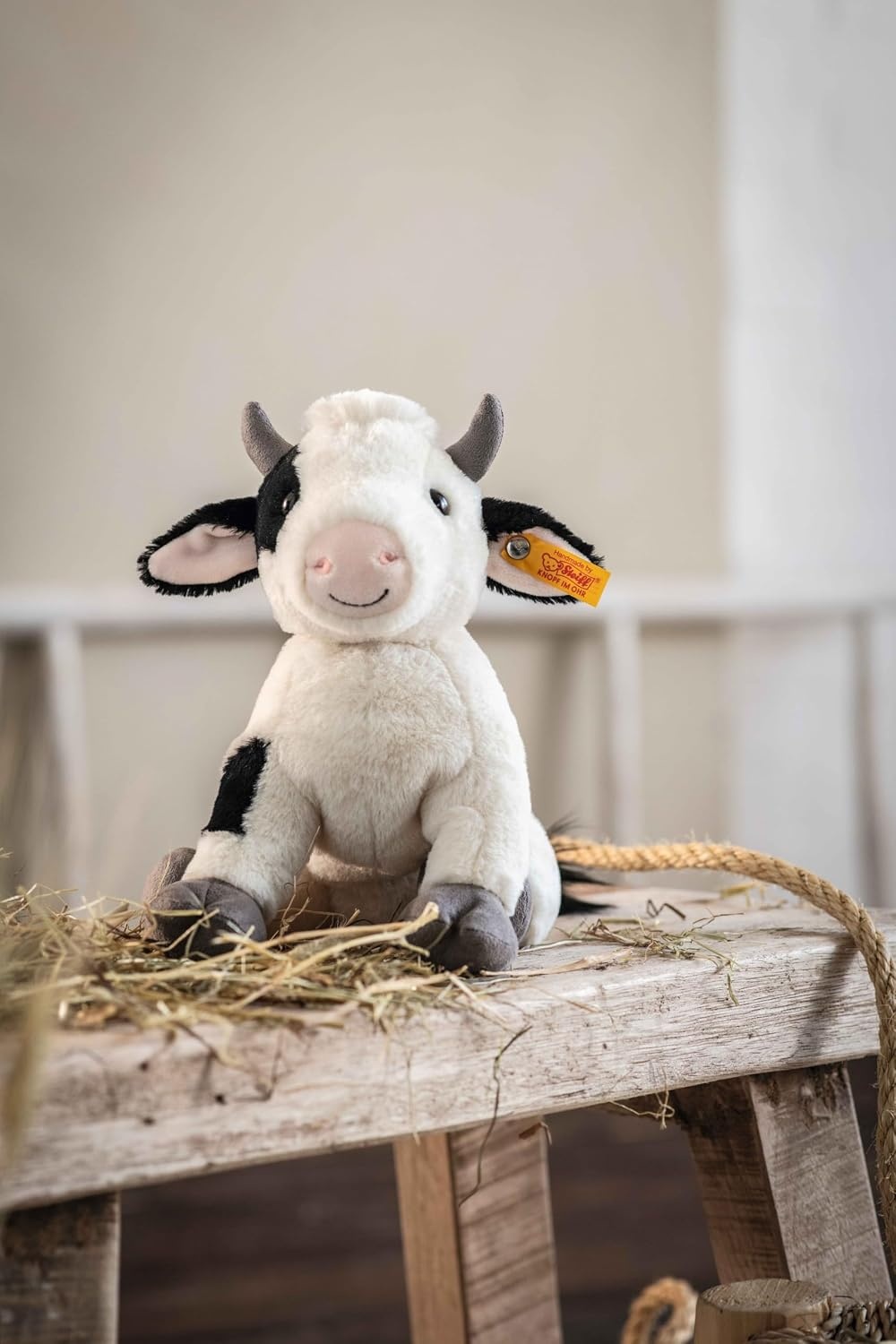 Steiff Cobb Cow Plush Toy, Plush Farm Animal, Premium Stuffed Animal Cow for Kids (Black & White, 9″)