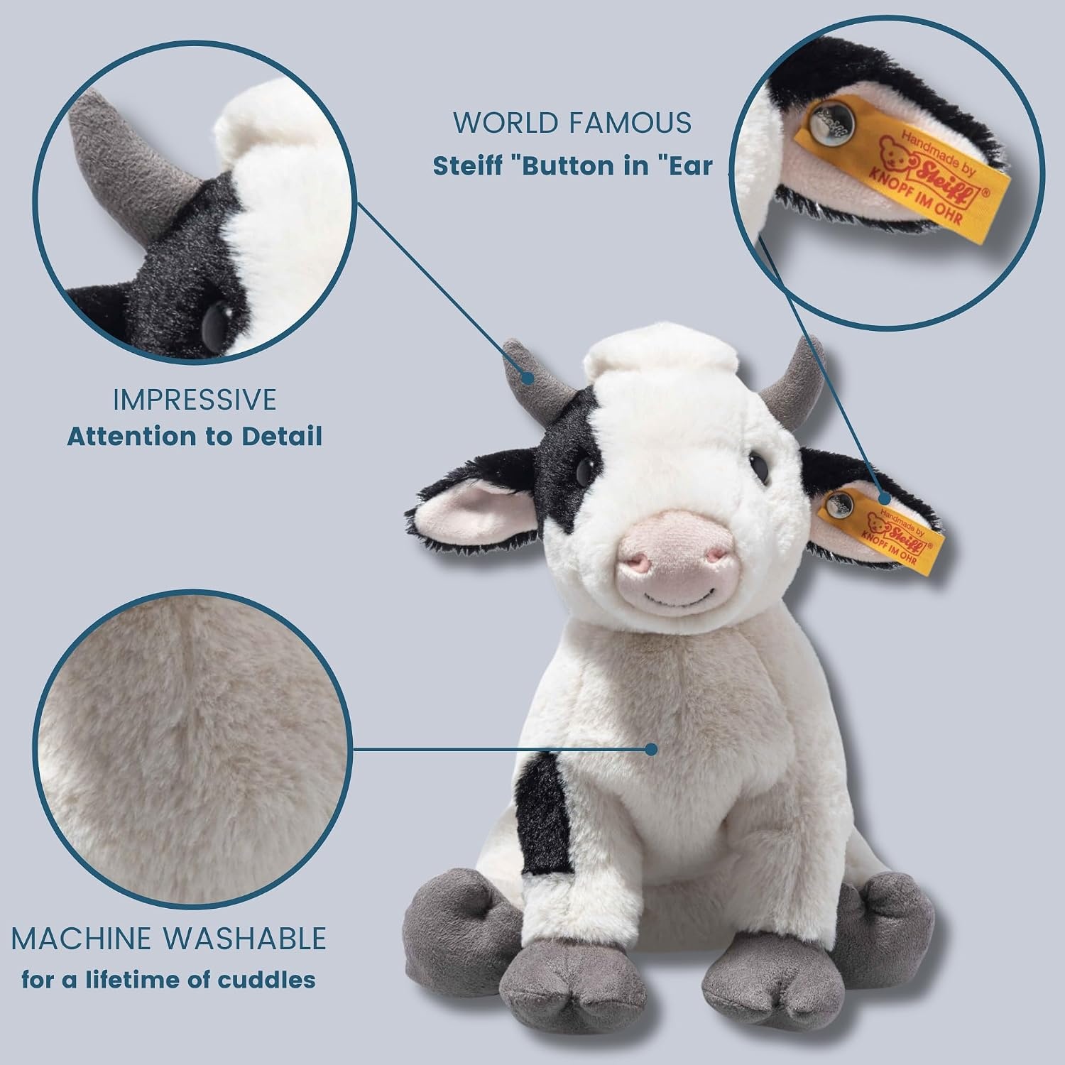 Steiff Cobb Cow Plush Toy, Plush Farm Animal, Premium Stuffed Animal Cow for Kids (Black & White, 9″) - view 3