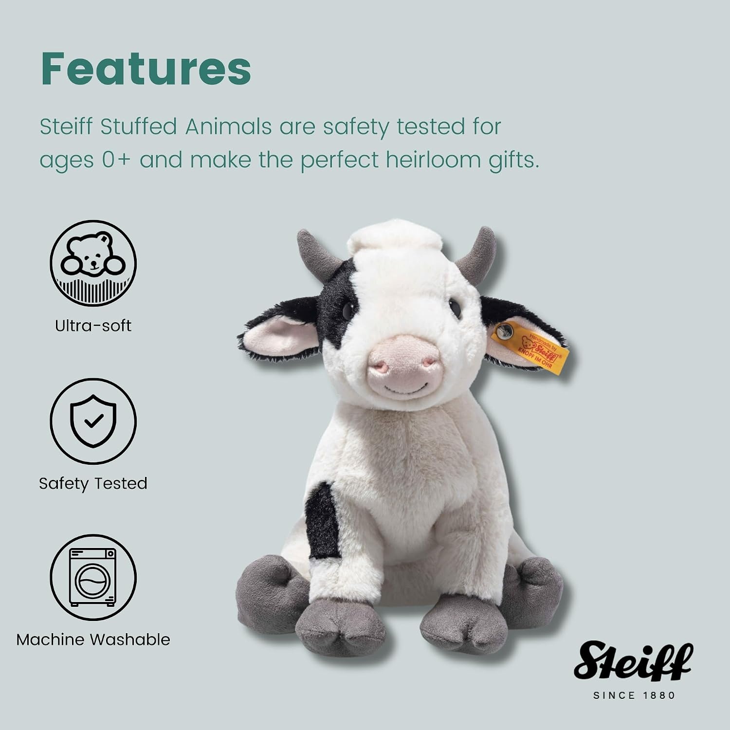 Steiff Cobb Cow Plush Toy, Plush Farm Animal, Premium Stuffed Animal Cow for Kids (Black & White, 9″) - view 4