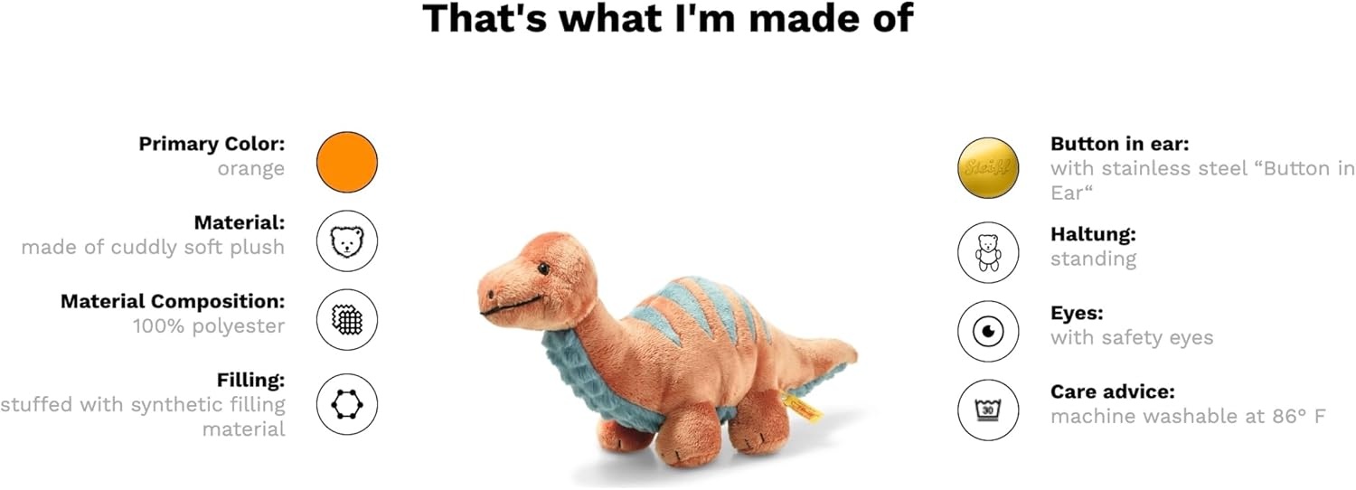 Steiff Bronko Brontosaurus, Premium Dinosaur Stuffed Animal, Stuffed Dino, Brontosaurus Plush, Stuffed Animal for Ages 0+, (Orange/Blue, 11″)(Orange/Blue)