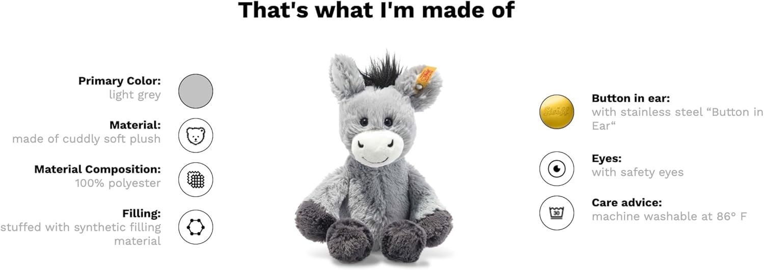 Steiff Handcrafted Since 1880 Premium Plush Classic Stuffed Farm Animal – 8″ Dinkie Donkey(Dinkie Donkey)