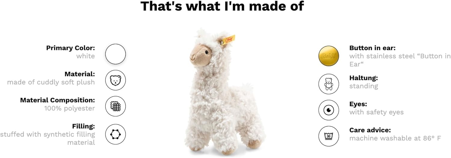 Steiff Leandro Llama, Premium Llama Stuffed Animal, Llama Toys, Stuffed Llama, Llama Plush, Cute Plushies, Plushy Toy for Girls Boys and Kids, Soft Cuddly Friends (Cream, 7″)(Cream)