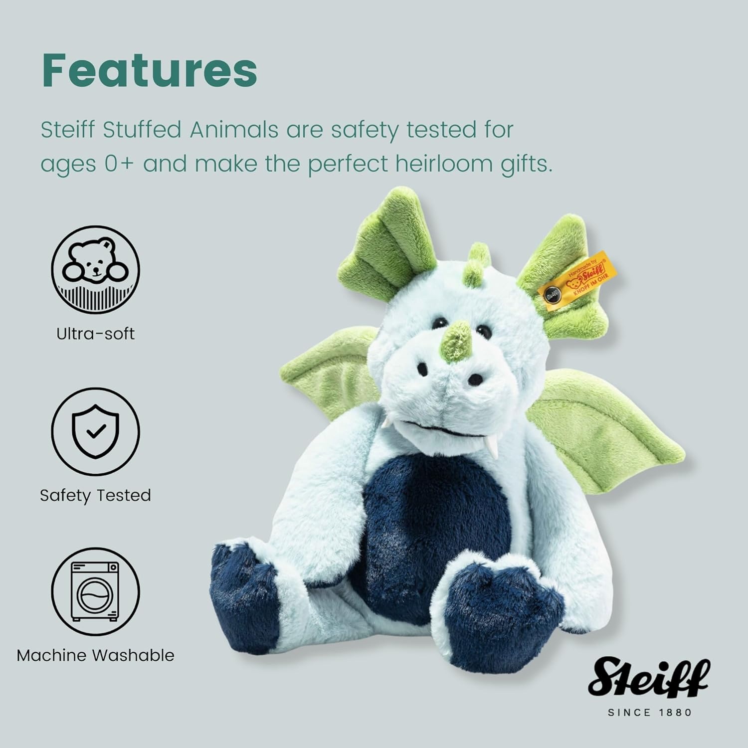 Steiff Samu Dragon, Premium Dragon Stuffed Animal, Dragon Plush Toy for Kids, Friends Collection (Green/Blue, 11″) - view 5