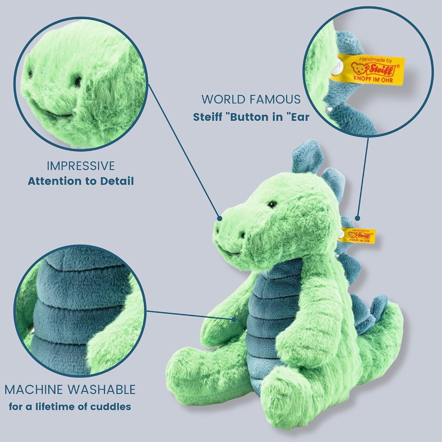 Steiff Bronko Brontosaurus, Premium Dinosaur Stuffed Animal, Stuffed Dino, Brontosaurus Plush, Stuffed Animal for Ages 0+, (Orange/Blue, 11″)(Green and Blue)