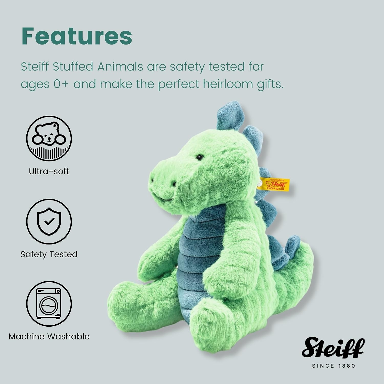 Steiff Bronko Brontosaurus, Premium Dinosaur Stuffed Animal, Stuffed Dino, Brontosaurus Plush, Stuffed Animal for Ages 0+, (Orange/Blue, 11″)(Green and Blue) - view 2