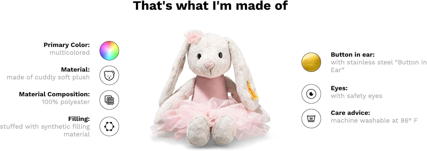 Steiff Hoppie Ballet Bunny Rabbit Plush Stuffed Animal Toy Friend, Pink, 12″