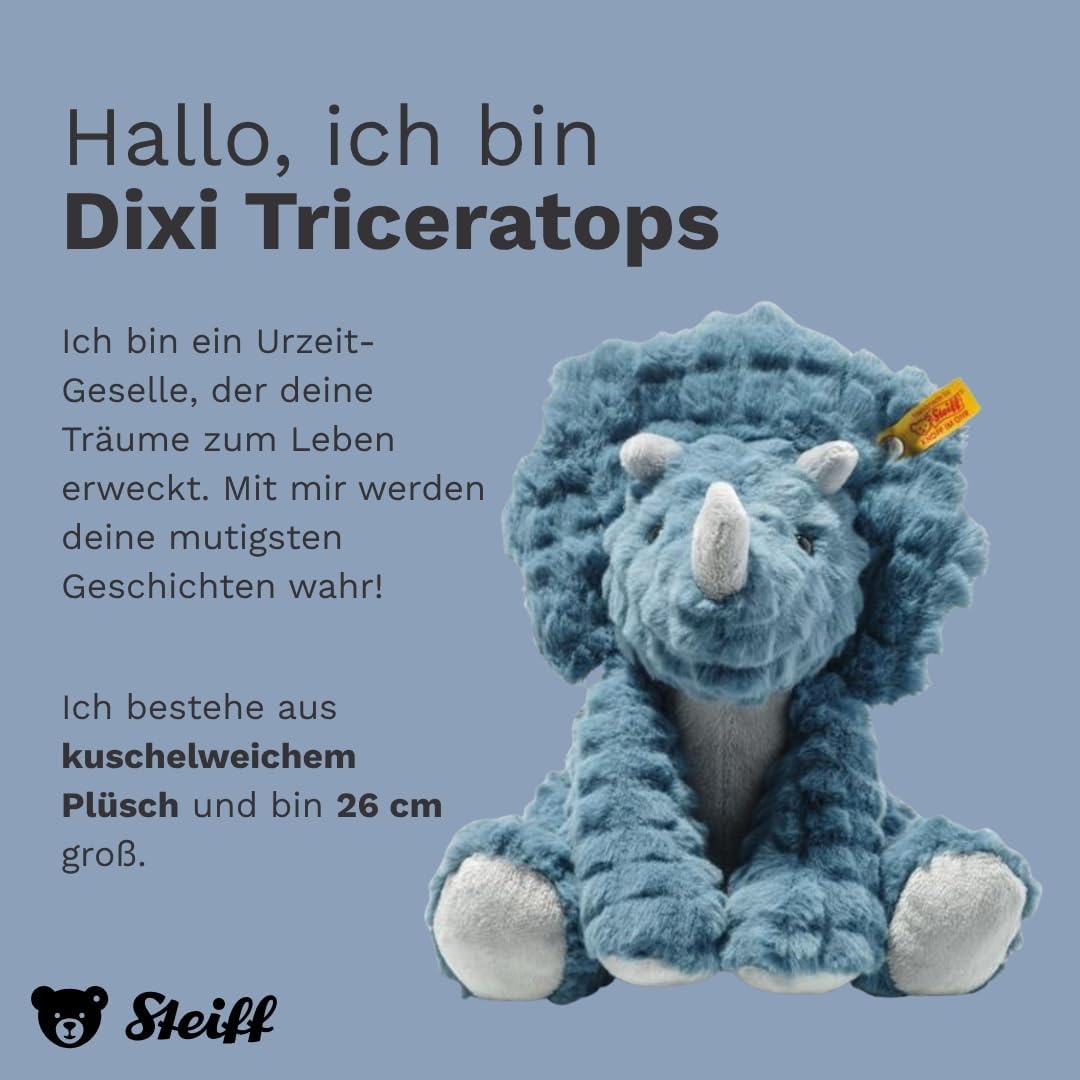 Steiff Bronko Brontosaurus, Premium Dinosaur Stuffed Animal, Stuffed Dino, Brontosaurus Plush, Stuffed Animal for Ages 0+, (Orange/Blue, 11″)(Blue)