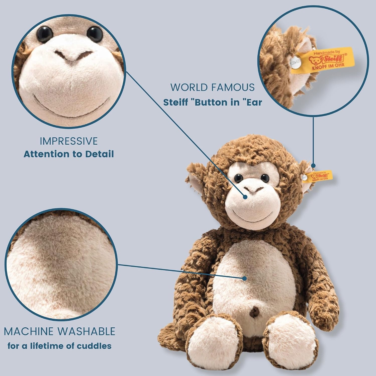 Steiff Bodo Monkey, Premium Stuffed Animal, Jungle Animal Plush Toy for Kids (Brown, 12″)(40cm/15.75″)