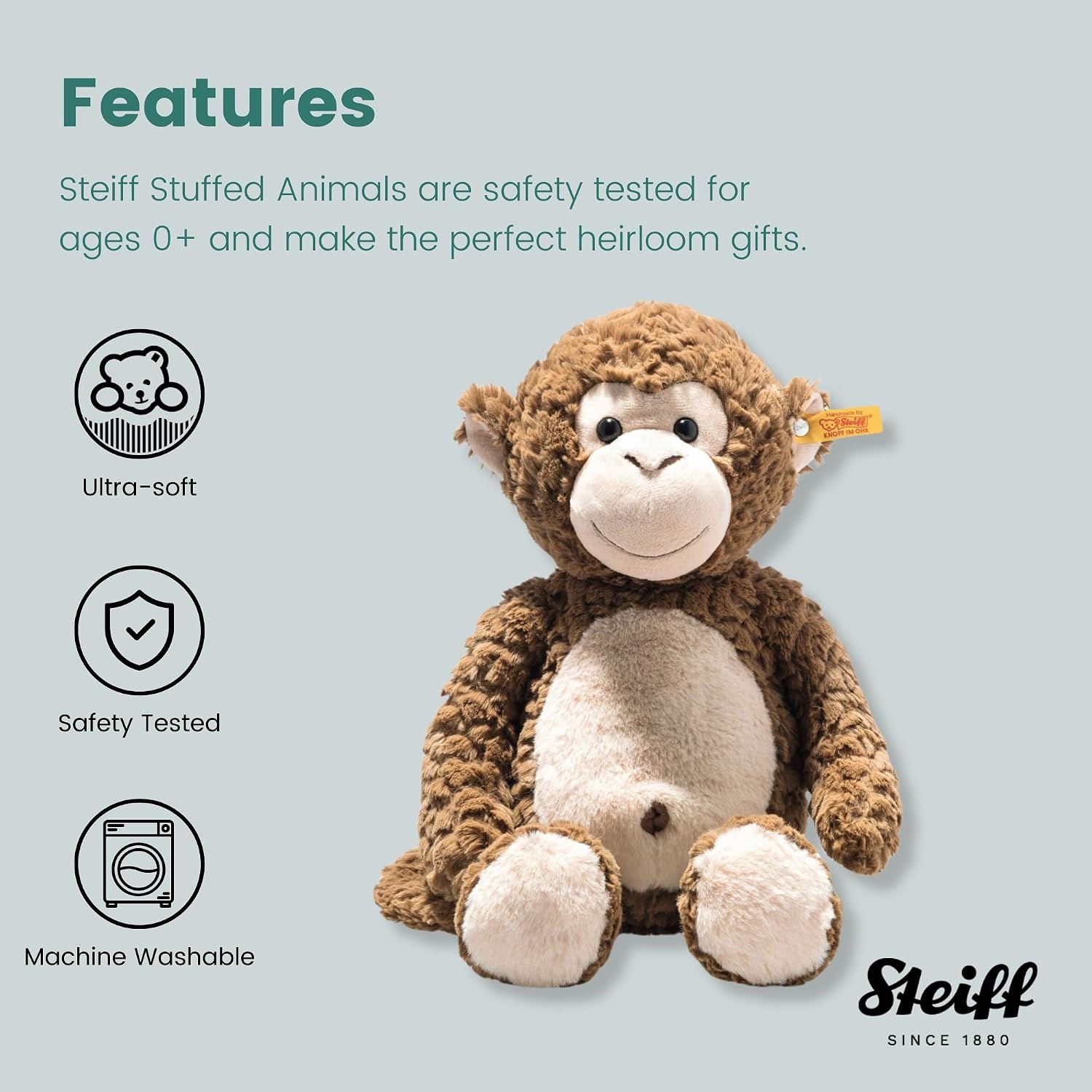 Steiff Bodo Monkey, Premium Stuffed Animal, Jungle Animal Plush Toy for Kids (Brown, 12″)(40cm/15.75″) - view 2