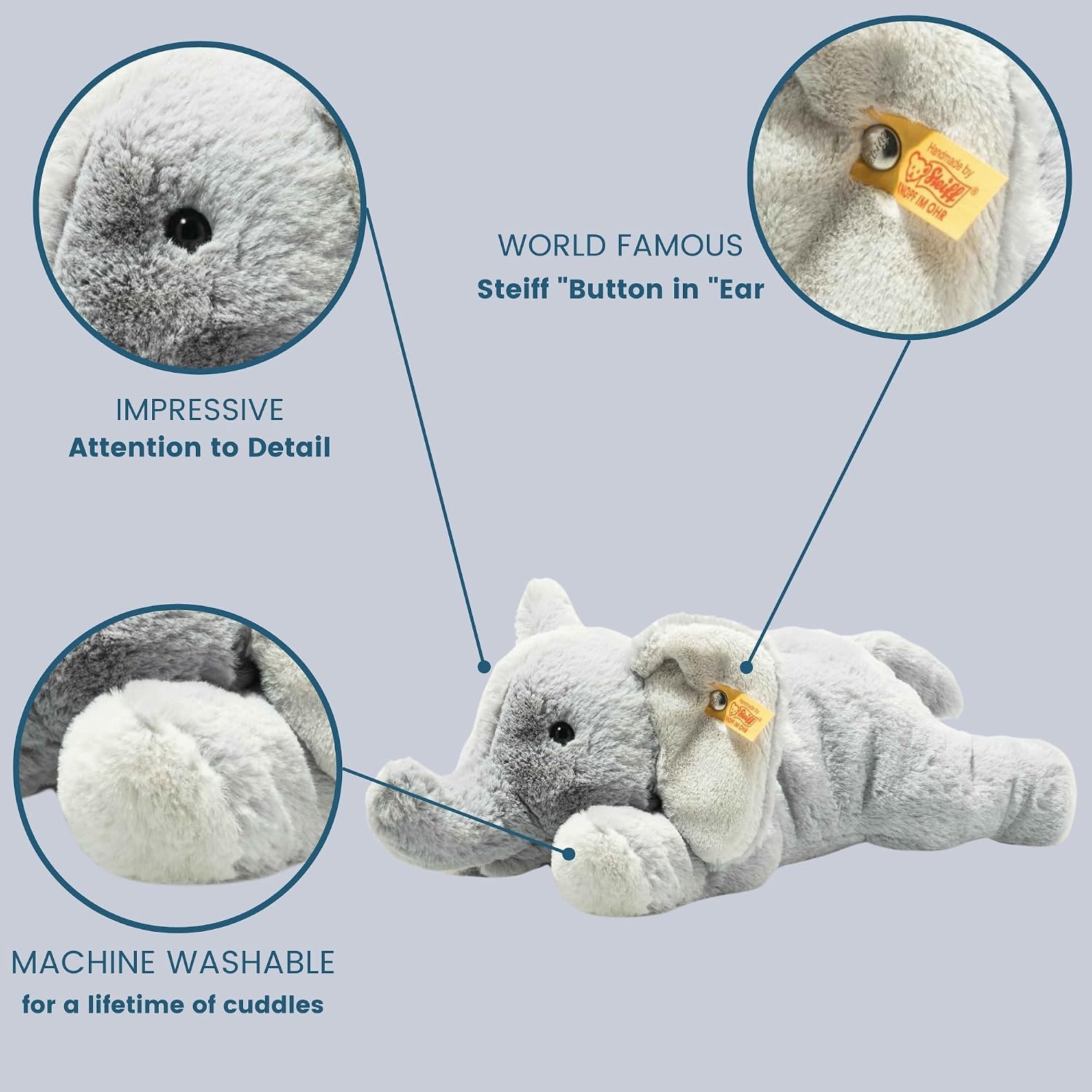 Steiff Wild Animals Elna Elephant Plush Stuffed Animal Toy, Grey, 11″(Light Grey)