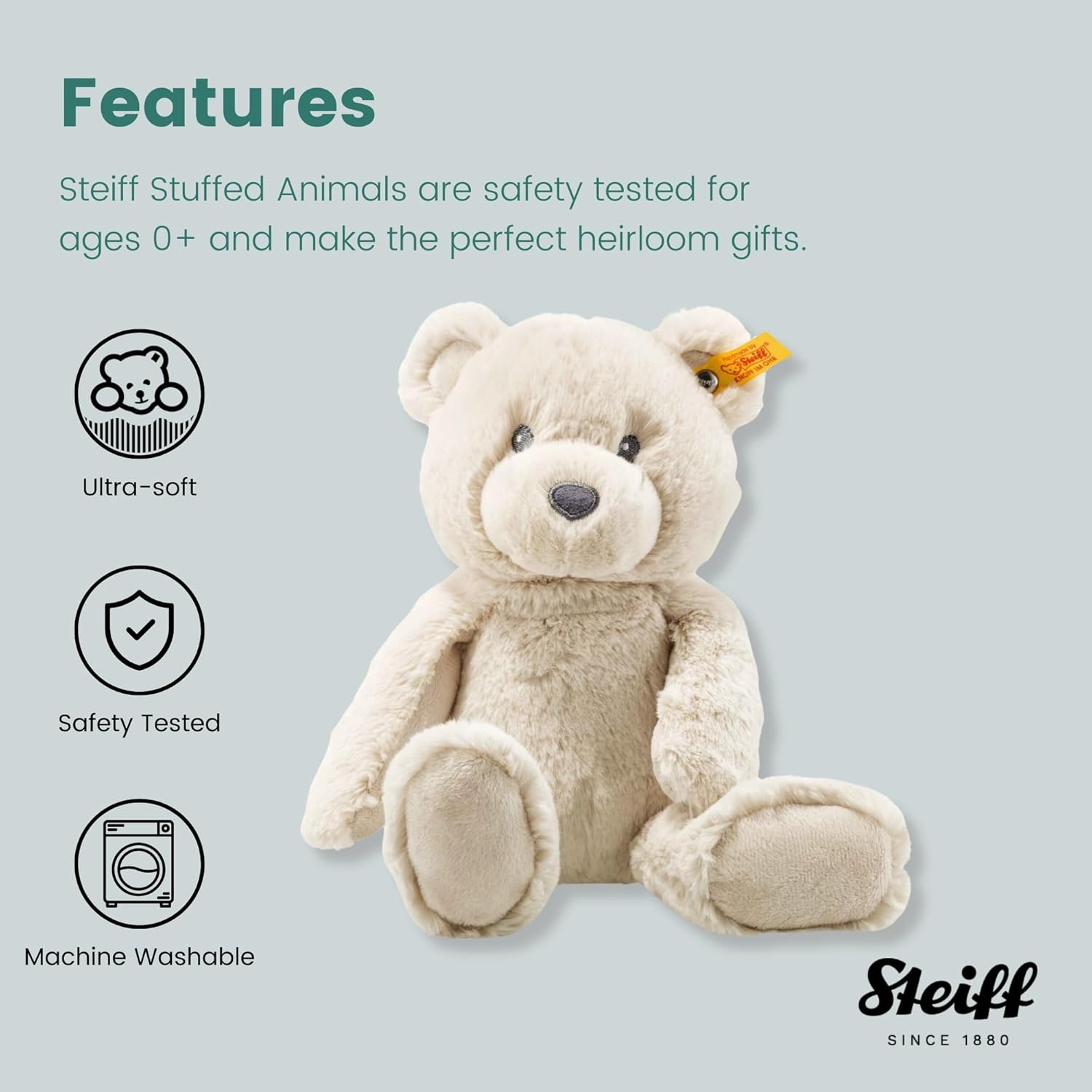 Steiff Bearzy Teddy Bear Floppy Friend Plush Stuffed Animal Toy with Embroidered Eyes, Beige, 11″(Beige) - view 2