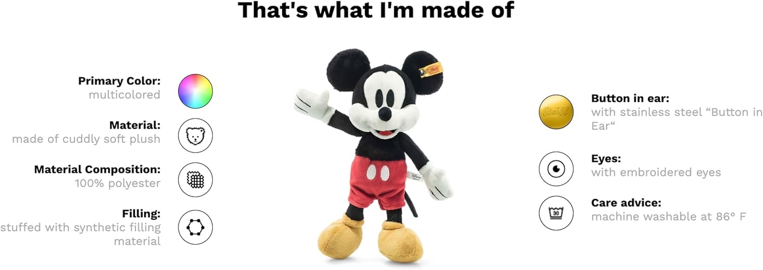Steiff Handcrafted Since 1880 Premium Plush Disney Originals Mickey Mouse Stuffed Toy – 12″ Mickey Mouse(Black) - view 2