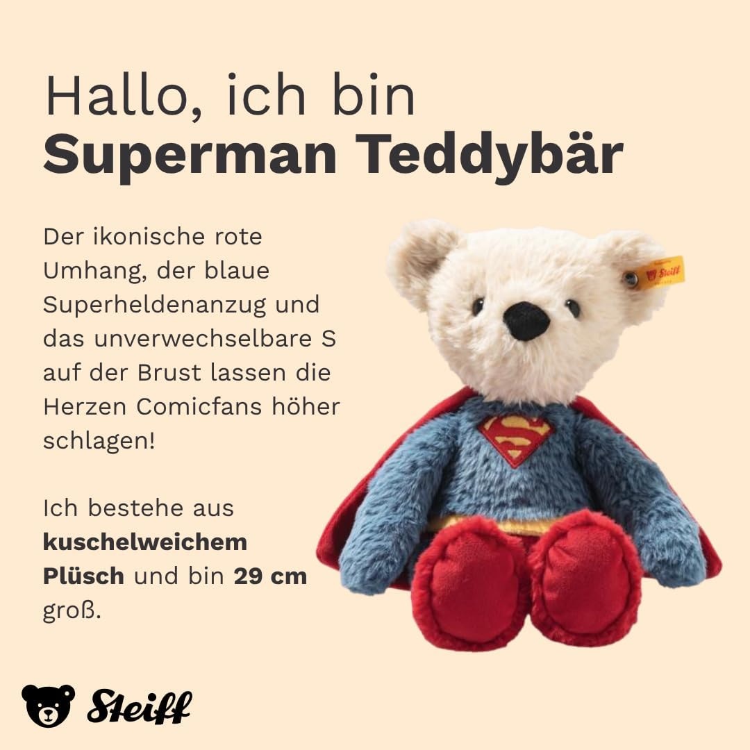Steiff DC Superhero Teddy Bear – Officially Licensed Plush Toy Collectible Premium Soft Stuffed Animal for Kids & Collectors, DC Superman 12″ Tall(Superman) - view 5