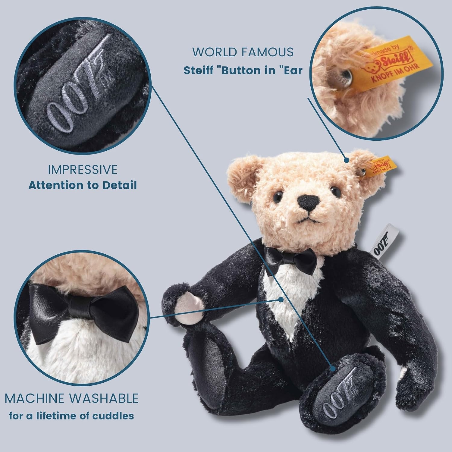 Steiff James Bond Teddy Bear, Officially Licensed Stuffed Animal Plush Collectible, Gift for James Bond Fans, 5-Way Jointed & Posable (Brown, Black, & White, 12″) - view 5