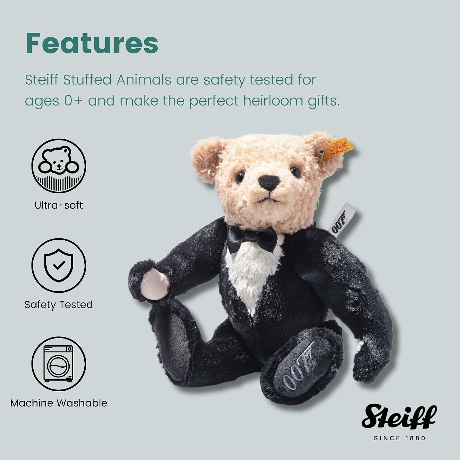 Steiff James Bond Teddy Bear, Officially Licensed Stuffed Animal Plush Collectible, Gift for James Bond Fans, 5-Way Jointed & Posable (Brown, Black, & White, 12″) - view 6