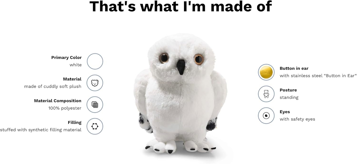 Steiff Handcrafted Since 1880 Premium Plush Officially Licensed Harry Potter Stuffed Toy – 8″ Hedwig Owl(Hedwig Owl)