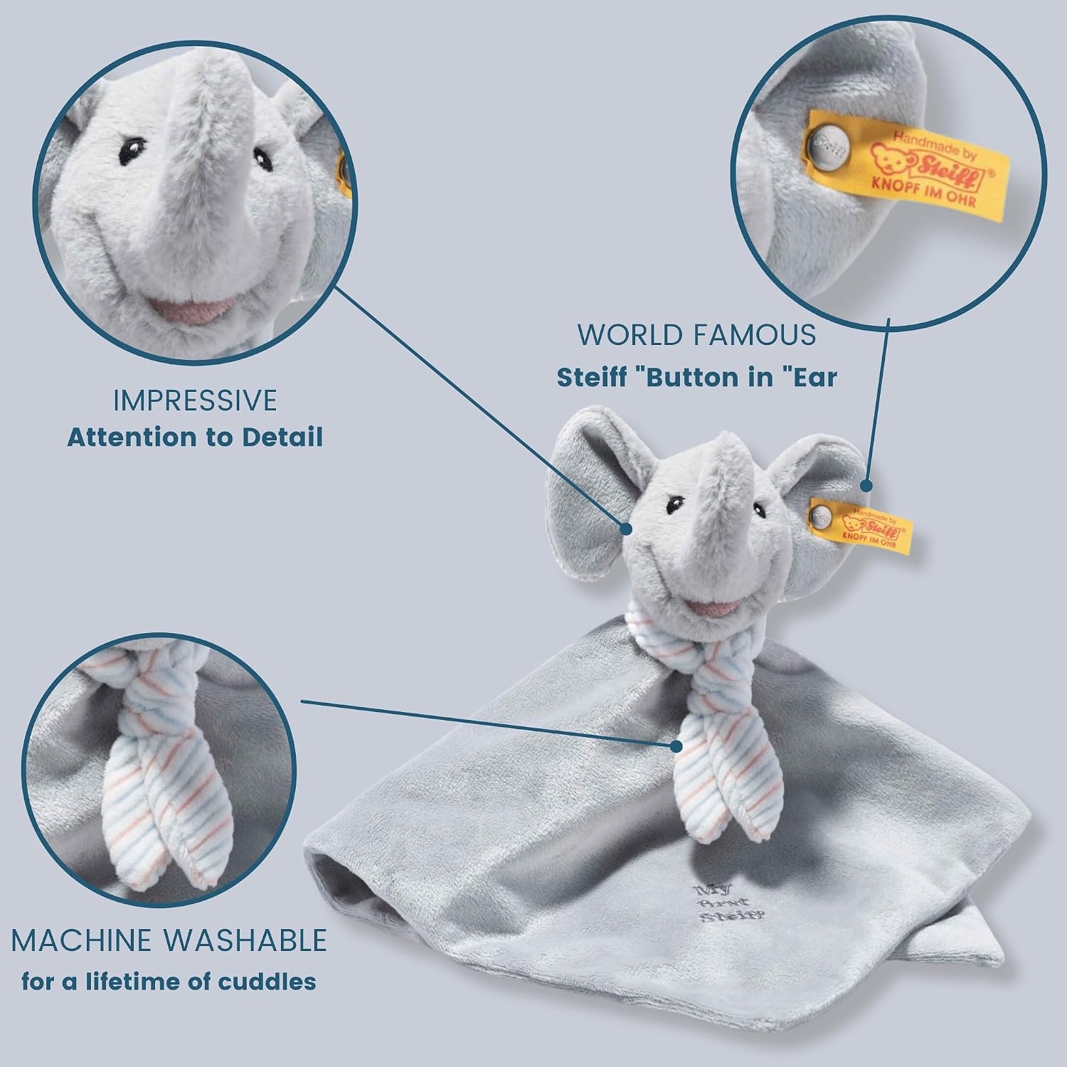 Steiff Handcrafted Since 1880 Premium Plush My First Steiff Lovey Security Blanket – 10″ Ellie Elephant - view 3
