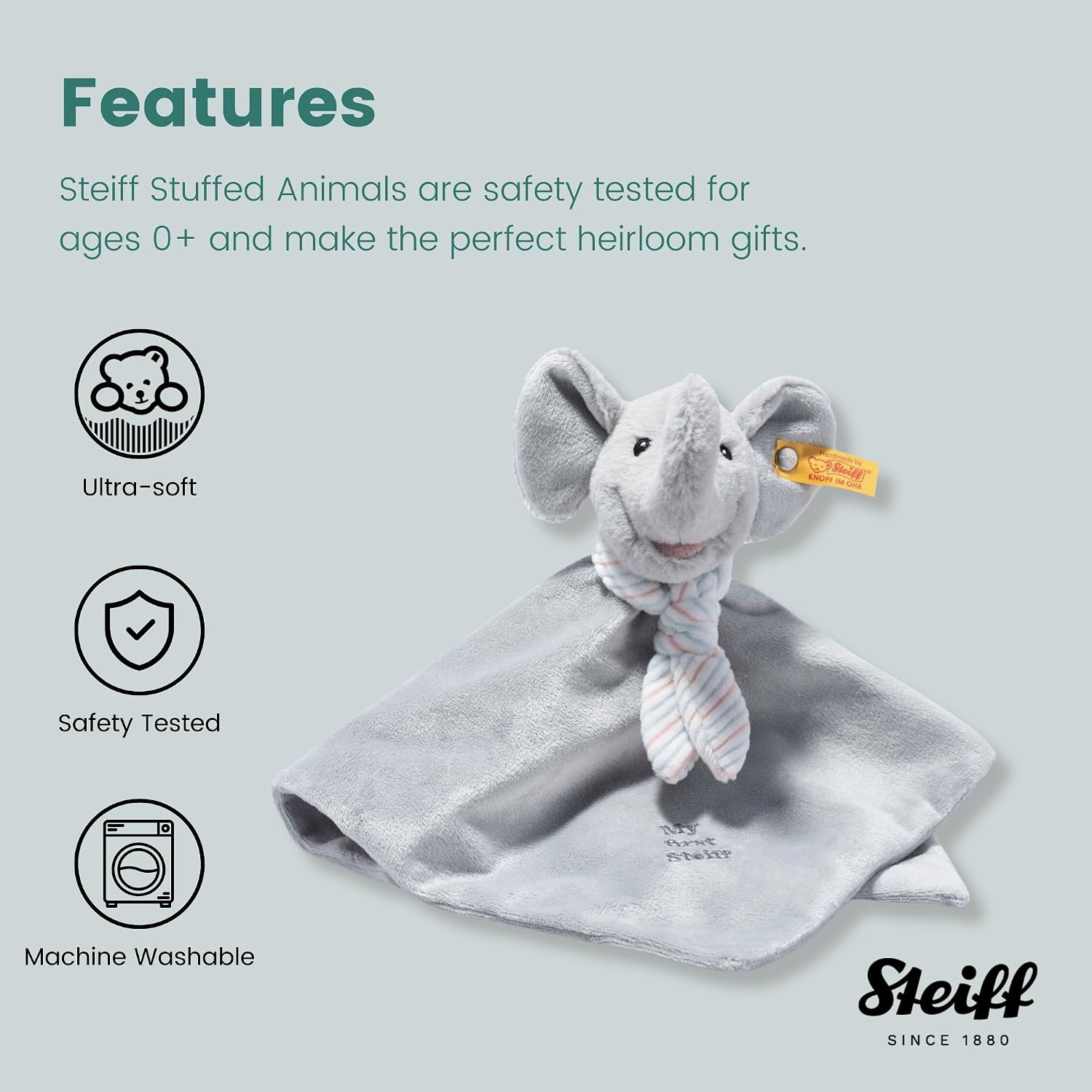 Steiff Handcrafted Since 1880 Premium Plush My First Steiff Lovey Security Blanket – 10″ Ellie Elephant - view 4