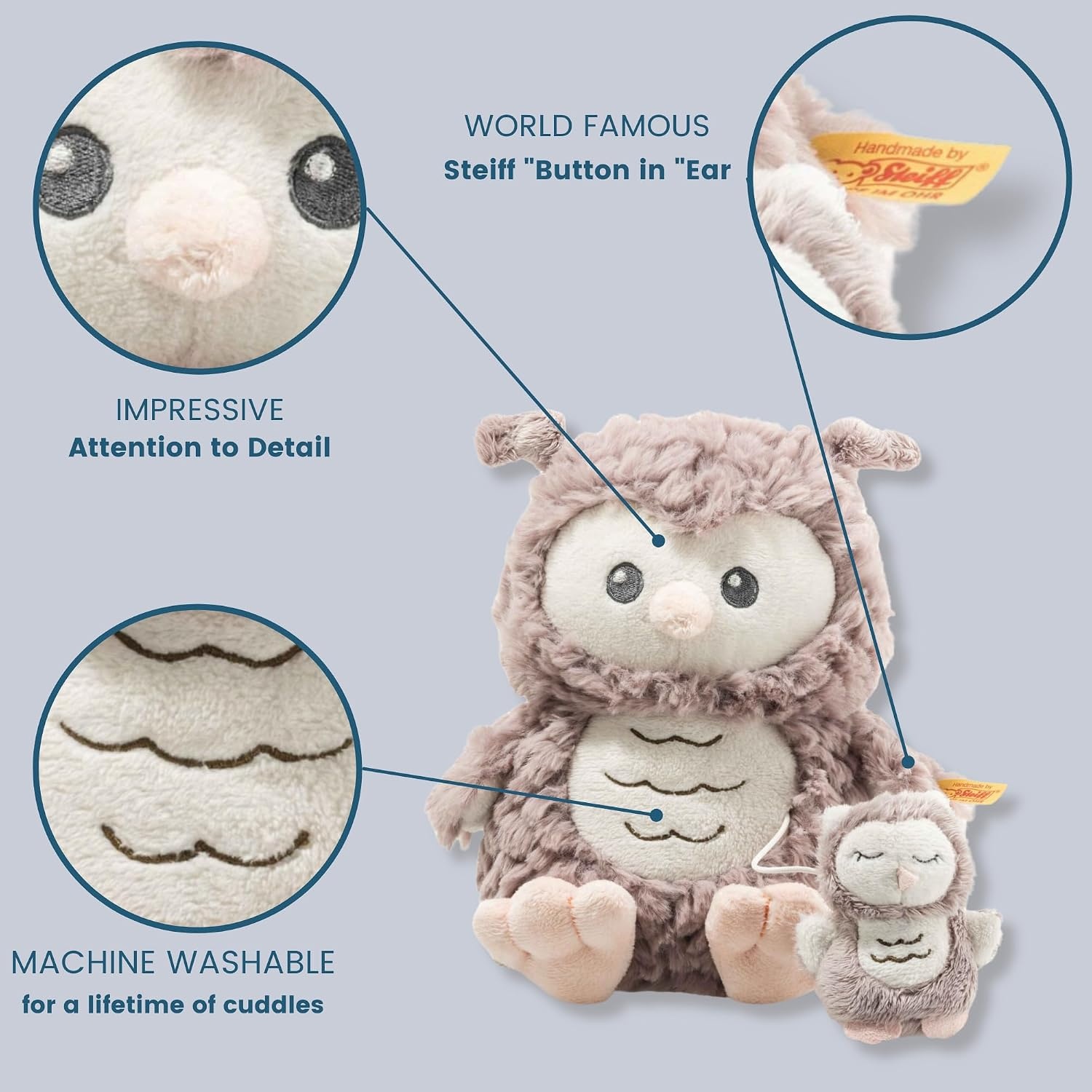 Steiff Ollie Owl, Premium Owl Musical Stuffed Animal, 0-6 or 6-12 Months, Baby Musical Toys, Baby Pull Toy for Babies, Soft Cuddly Friends (Rosé Brown, 8″)