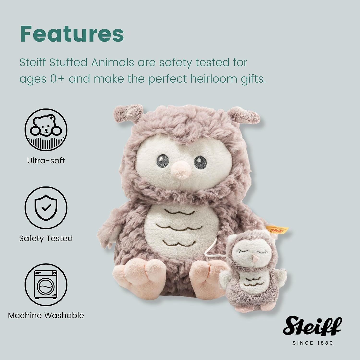 Steiff Ollie Owl, Premium Owl Musical Stuffed Animal, 0-6 or 6-12 Months, Baby Musical Toys, Baby Pull Toy for Babies, Soft Cuddly Friends (Rosé Brown, 8″) - view 2