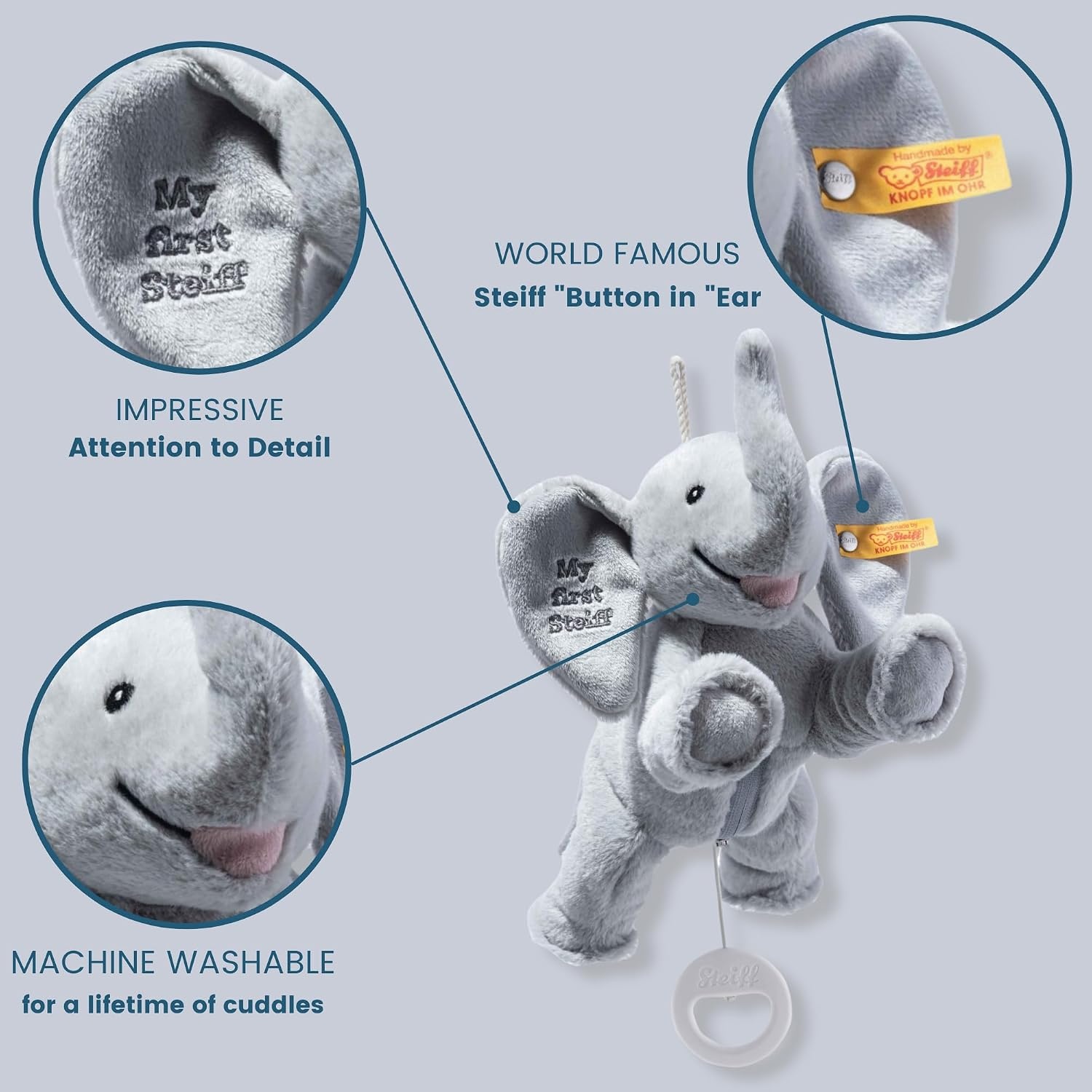 Steiff Ellie Elephant Musical Pull Toy 10 inch Light Grey, Peaceful Lullaby, Plush Elefant, Cuddly Soft Plush, Machine Washable - view 2