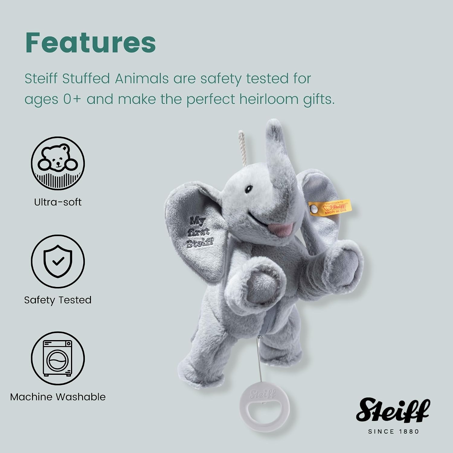 Steiff Ellie Elephant Musical Pull Toy 10 inch Light Grey, Peaceful Lullaby, Plush Elefant, Cuddly Soft Plush, Machine Washable - view 3
