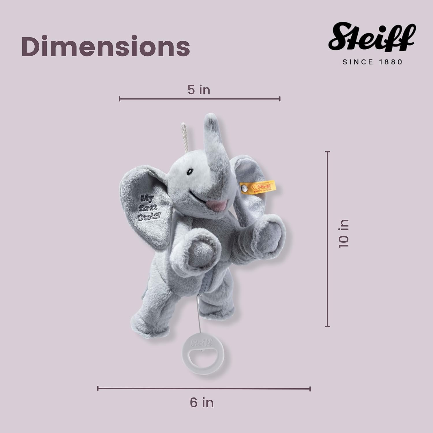 Steiff Ellie Elephant Musical Pull Toy 10 inch Light Grey, Peaceful Lullaby, Plush Elefant, Cuddly Soft Plush, Machine Washable - view 4